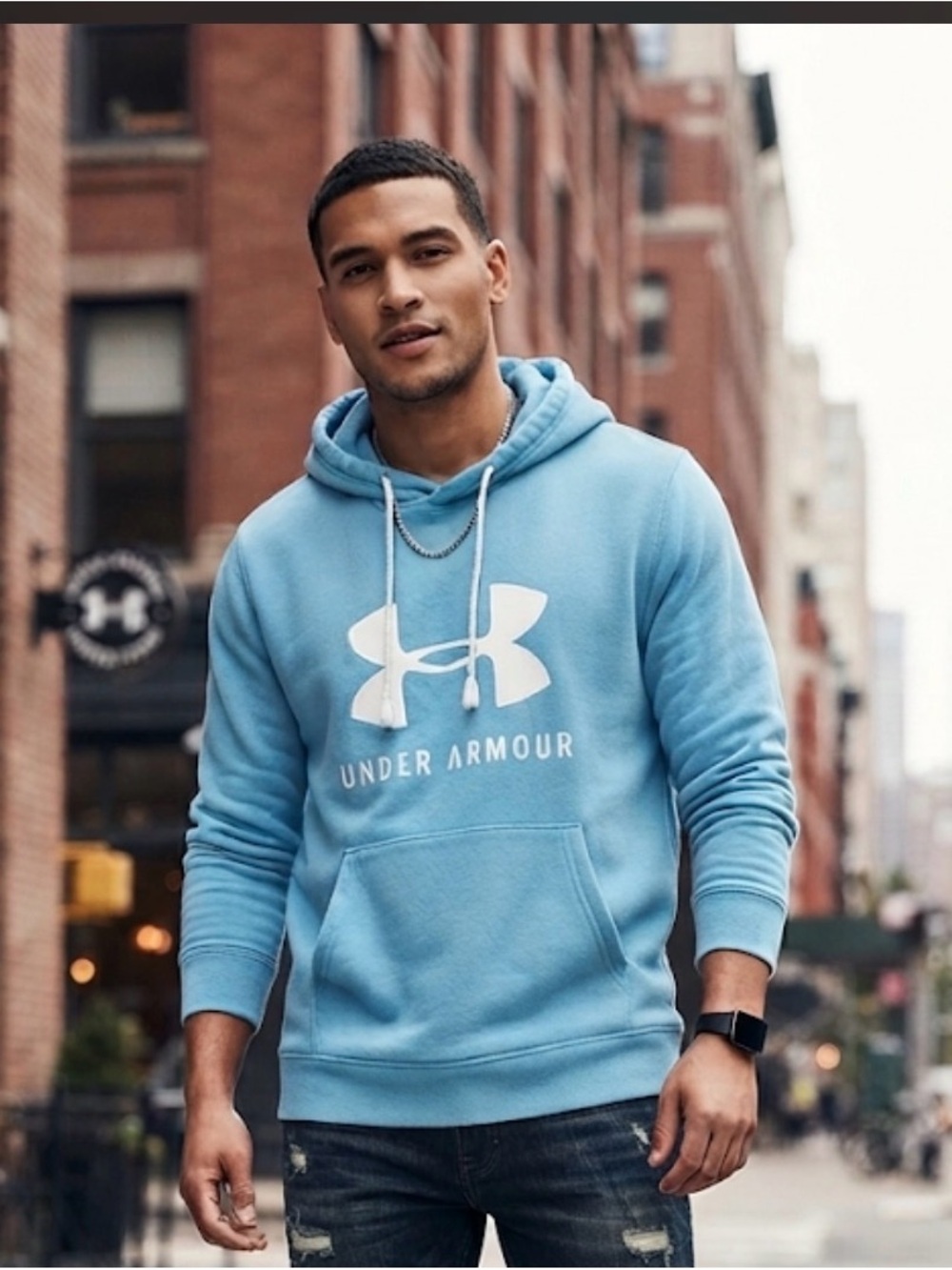 Under Armour Men's Sky Blue Pullover Hoodie with White Logo